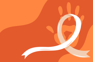 Stylised orange background with a large pale handprint and a white awareness ribbon curving across the image