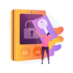 Illustration of a person holding a large key card in front of a smartphone screen with an open padlock icon, symbolising secure access to digital content.
