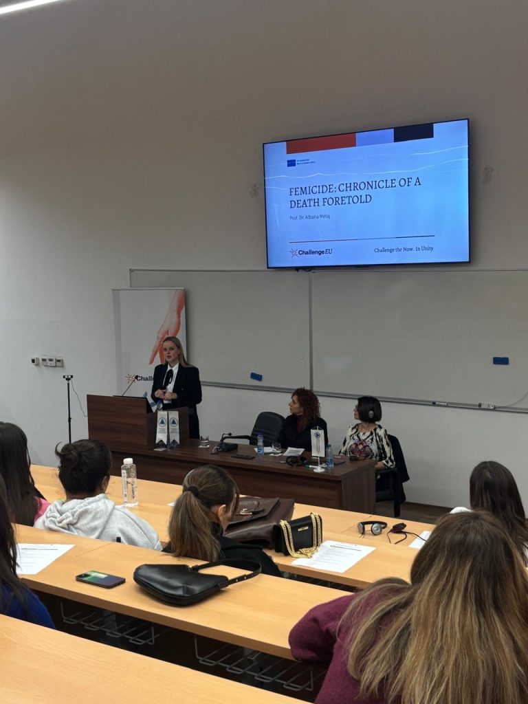 Prof. Dr. Albana Meta-Stojanova delivering her talk “Femicide: Chronicle of a Death Foretold” to a classroom of students.