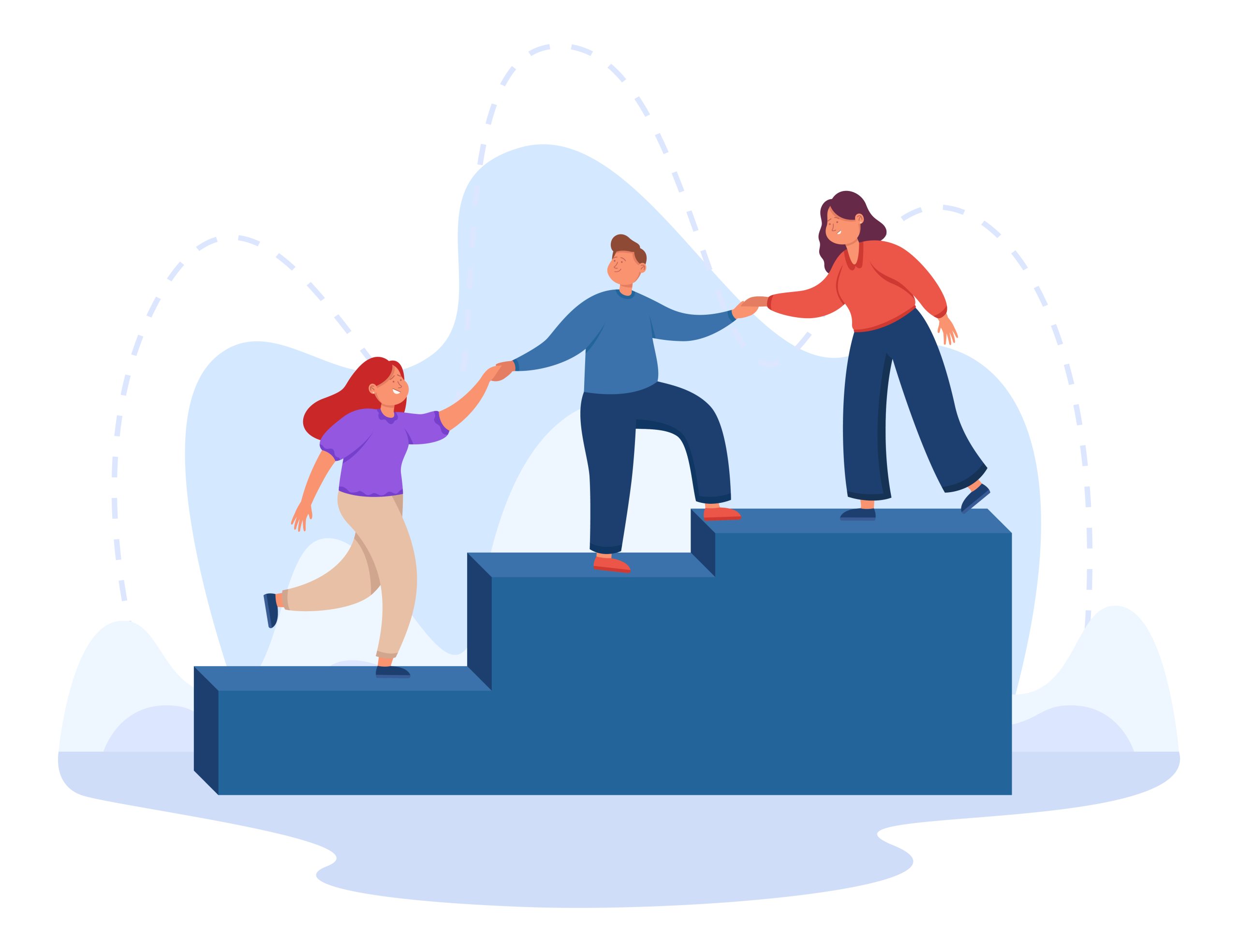 Help and support to climbing employee from mentor or leader hand. Team of corporate people walking up ladder together flat vector illustration.