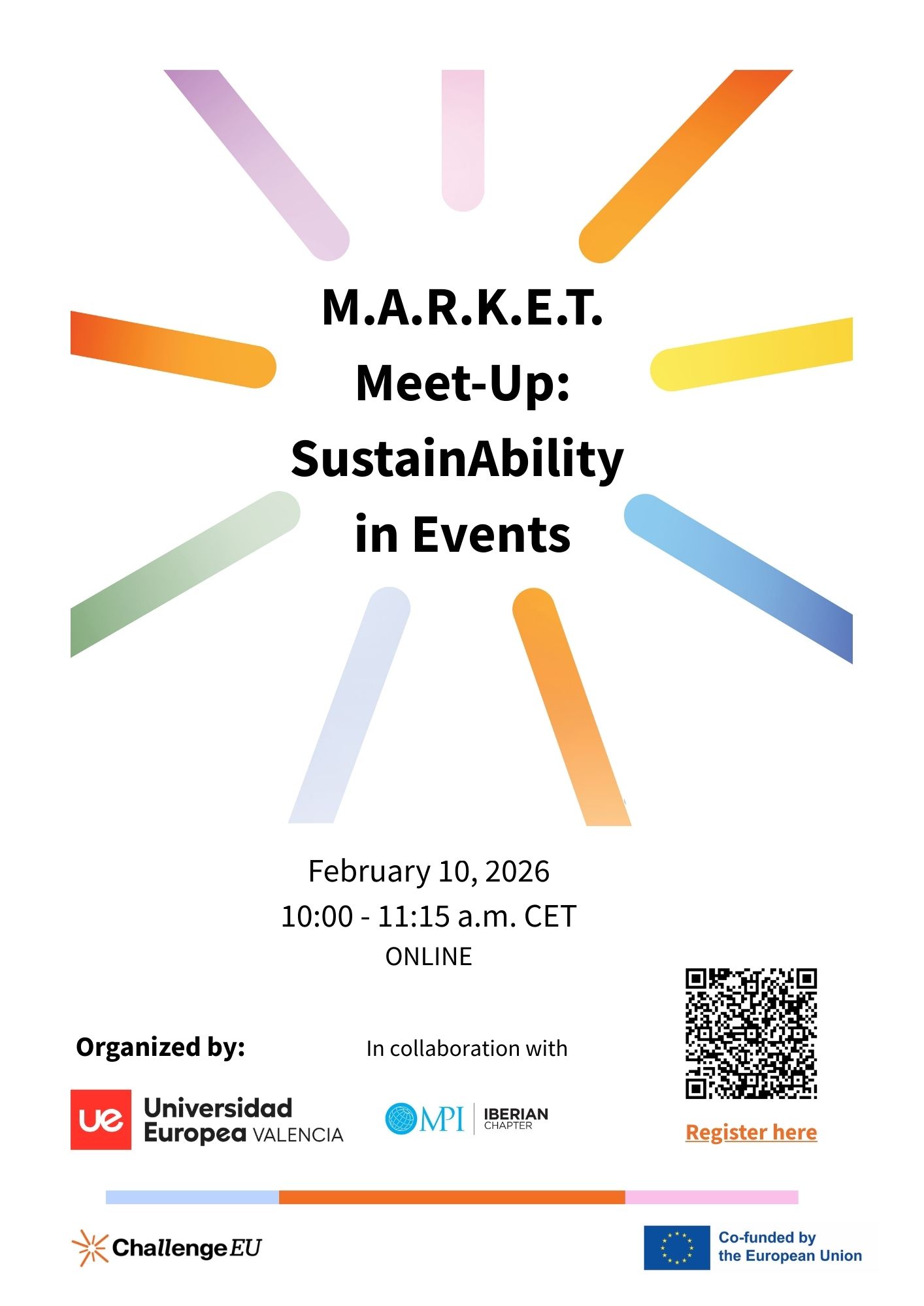 The poster promotes M.A.R.K.E.T. Meet-Up SustainAbility in Events organised by Universidad Europea de Valencia.