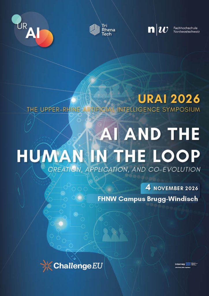 Promotional poster for URAI 2026, the Upper-Rhine Artificial Intelligence Symposium, titled “AI and the Human in the Loop: Creation, Application, and Co-Evolution.” The event takes place on 4 November 2026 at FHNW Campus Brugg-Windisch. The design features a blue background with a glowing digital outline of a human head, network lines and technology icons, along with the logos of URAI, TriRhenaTech, FHNW and ChallengeEU.