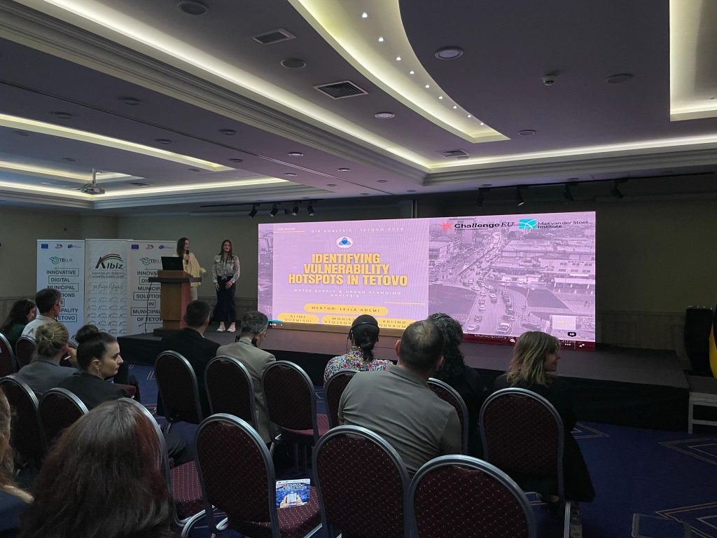 Students from South East European University present their project on identifying vulnerability hotspots in Tetovo to an audience during a GIS-based activity.
