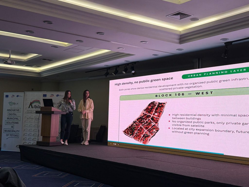 Two students present GIS analysis findings on urban planning and green space challenges in Tetovo during a ChallengeEU-related event.