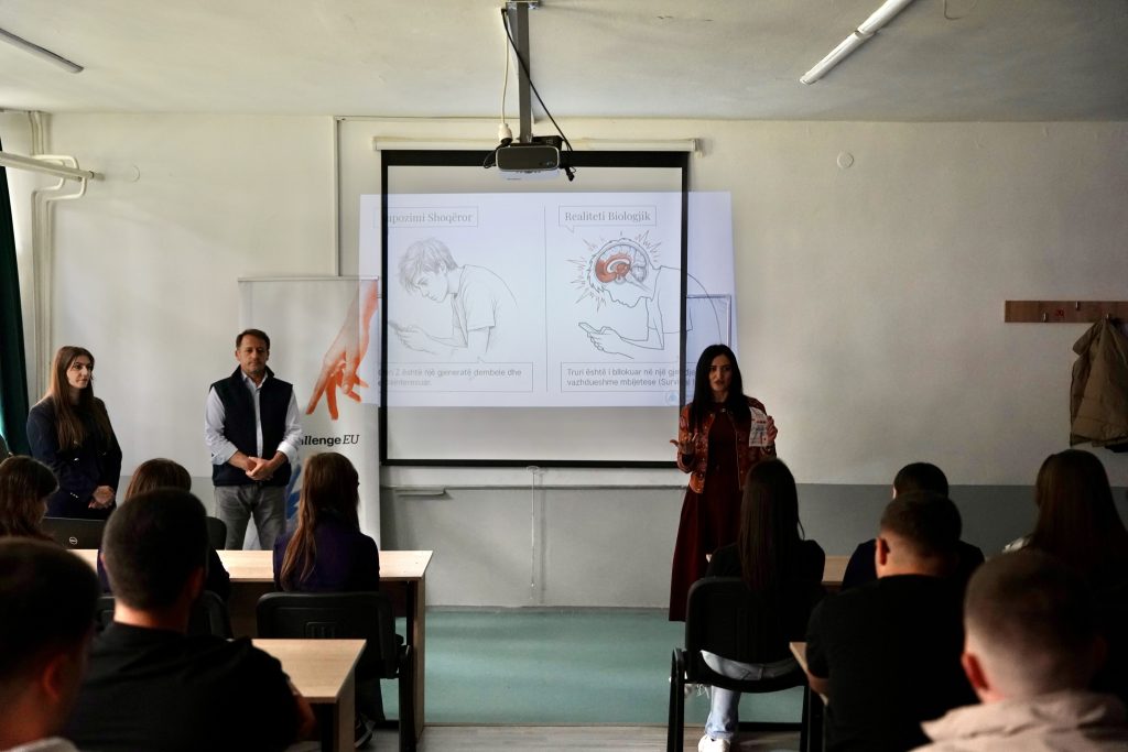 A ChallengeEU campaign session with students in Gostivar. A speaker is giving a presentation while participants listen in the classroom.