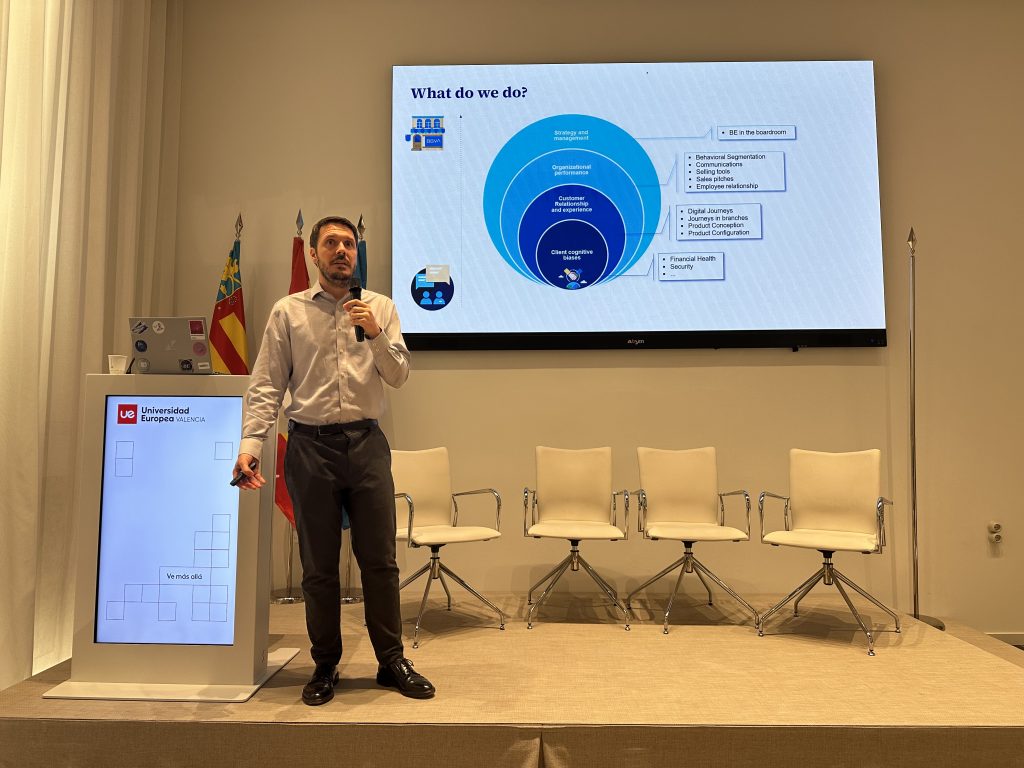 Speaker explaining how behavioural insights are applied in different areas of BBVAās operations.