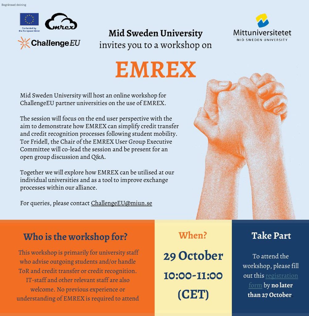 Poster promoting an online EMREX workshop hosted by Mid Sweden University for ChallengeEU partner universities.